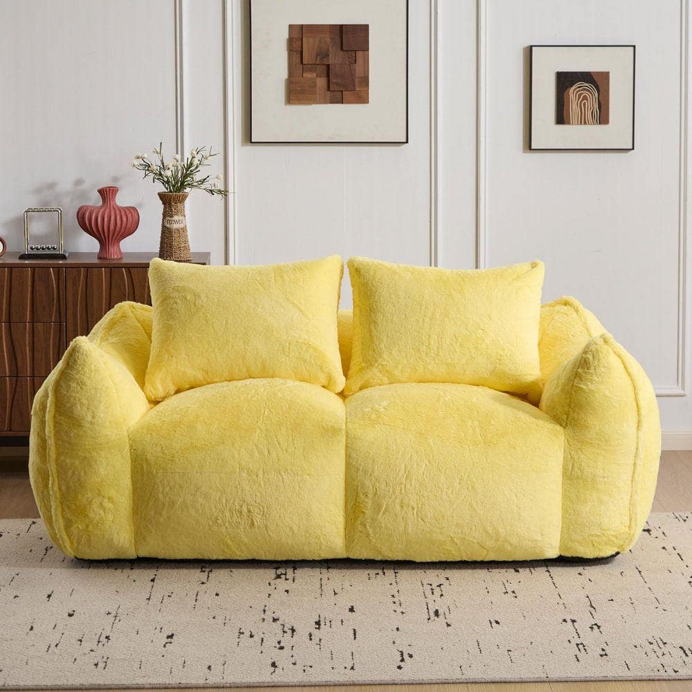Nestfair 75.2 in. W Round Arm Artificial Rabbit Fur Rectangle Sofa in ...