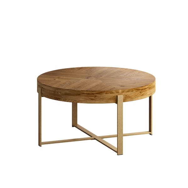 Sudzendf Modern Round Outdoor Coffee Table with Fir Wood Table Top and Gold Metal Legs Base