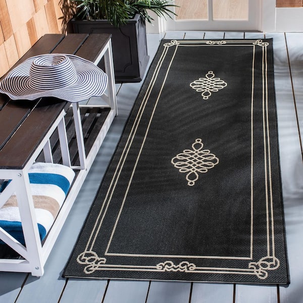 Courtyard 2 x 16 Black/Creme Scroll Runner Rug