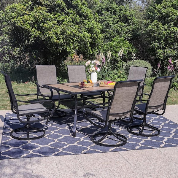 PHI VILLA Black 7-Piece Metal Rectangle Patio Outdoor Dining Set with Geometric Table and Textilene Swivel Chairs