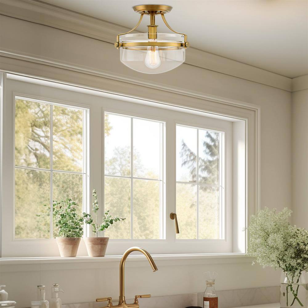 Elegant Warm Brass 12" Flush Mount Ceiling Light with Clear Glass Bowl