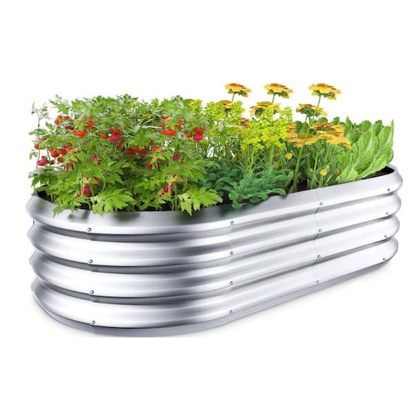 4 ft. x 2 ft. x 1 ft. Galvanized Steel Oval Raised Garden Bed Planter Box, Outdoor Silver Metal Garden Planter