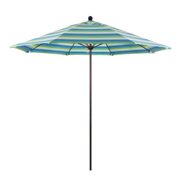 California Umbrella 9 ft. Bronze Aluminum Commercial Market Patio Umbrella with Fiberglass Ribs and Push Lift in Seville Seaside Sunbrella