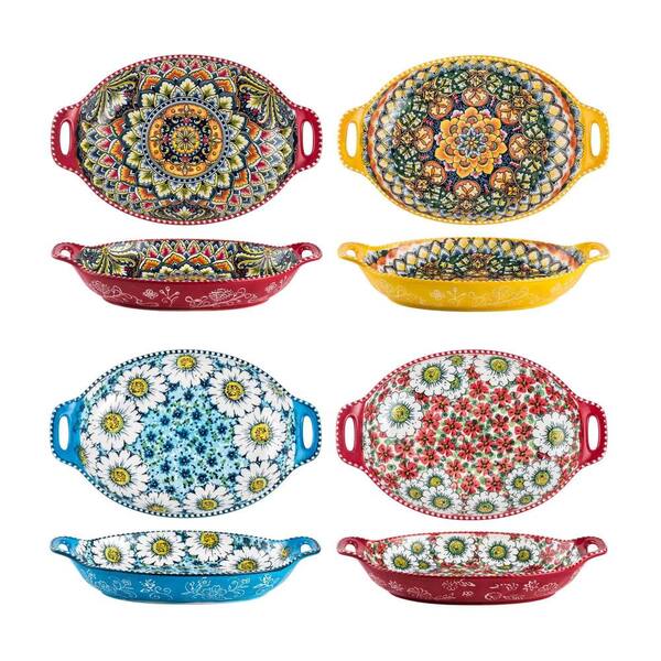 Set of 4 Porcelain Pasta Bowls with Handle 32 oz Capacity 12.1 in Diameter Ceramic Colorful Serving Bowls