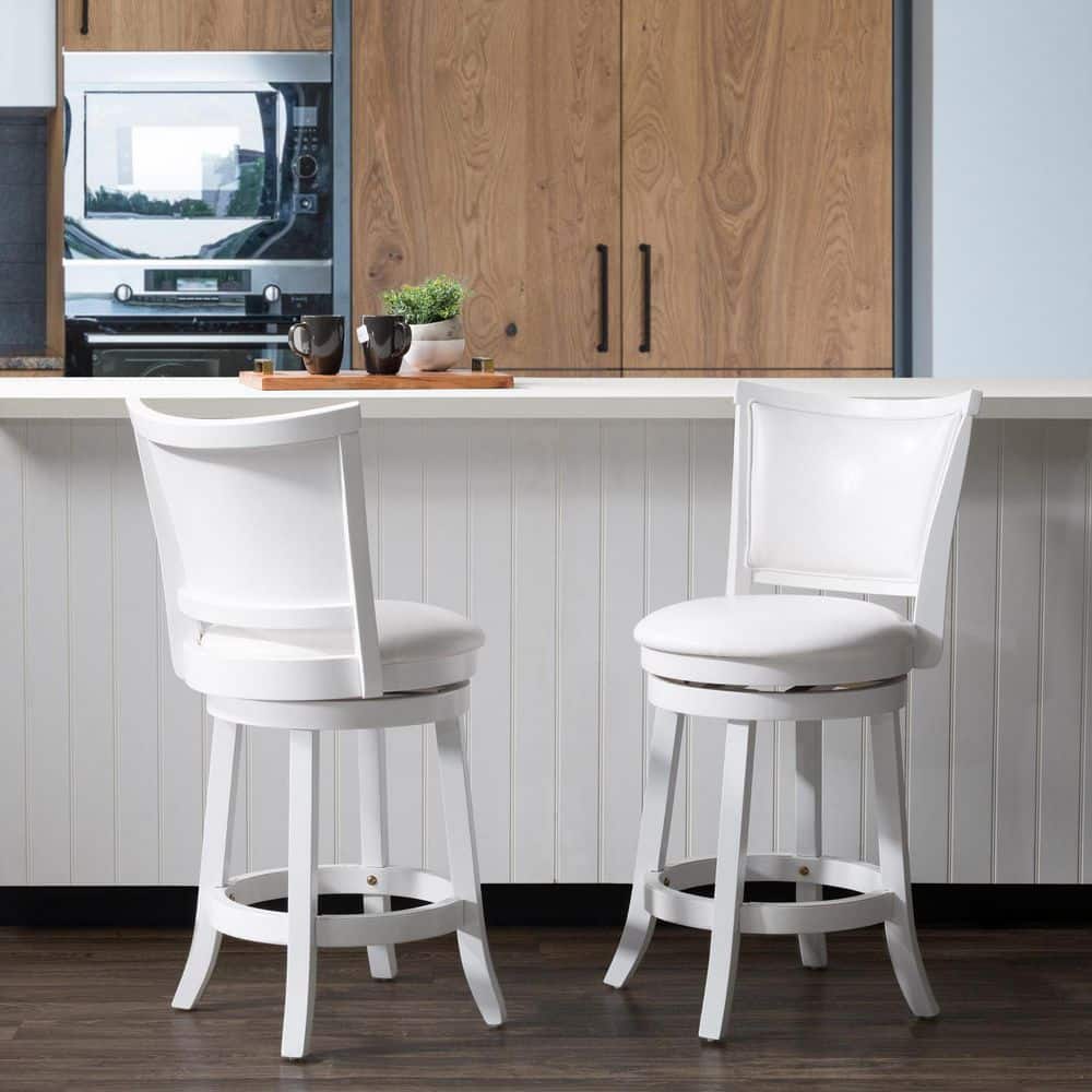 White Wood Swivel Counter Height Barstools with Leather Seats, Set of 2