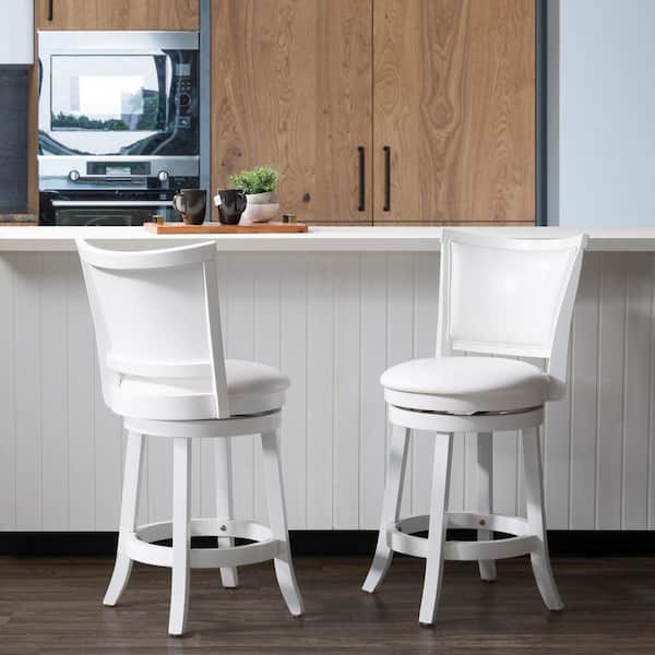 Woodgrove 25 in. Counter Height White Wood Swivel Bar Stools with White leatherette Seat and Backrest (Set of 2)