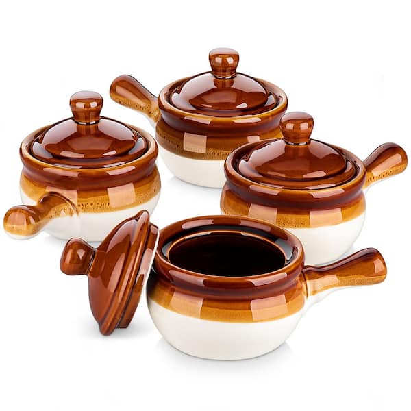 LOVECASA 16 fl. oz. Brown and White Stoneware French Onion Soup Bowls Set of 4 Small Serving Bowls with Lid and Handle