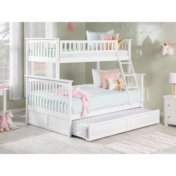 AFI Columbia White Twin over Full Heavy Duty Kids Wood Bunk Bed with Raised Panel Twin Trundle Bed and Safety Railings