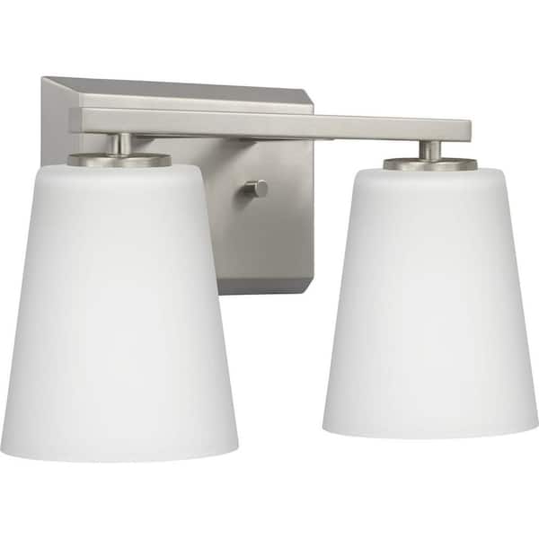 Progress Lighting Vertex Collection 12.87 in. 2-Light Brushed Nickel Etched White Glass Contemporary Vanity Light
