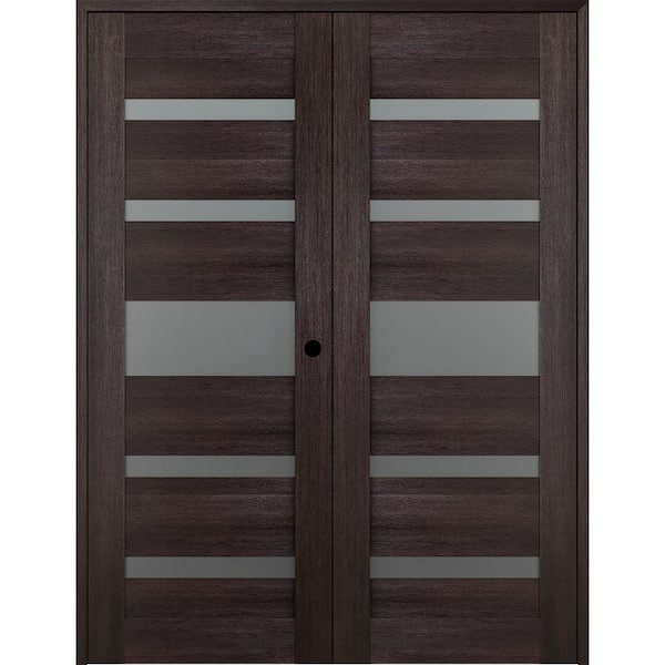 vona 07-05 72 in. x 80 in. Left Hand Active 5-Lite Frosted Glass Veralinga Oak Wood Composite Double Prehung French Door