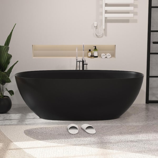 GIVING TREE 65 in. x 29.5 in. Thin Edge Solid Surface Stone Resin Flatbottom Soaking Bathtub in Matte Black