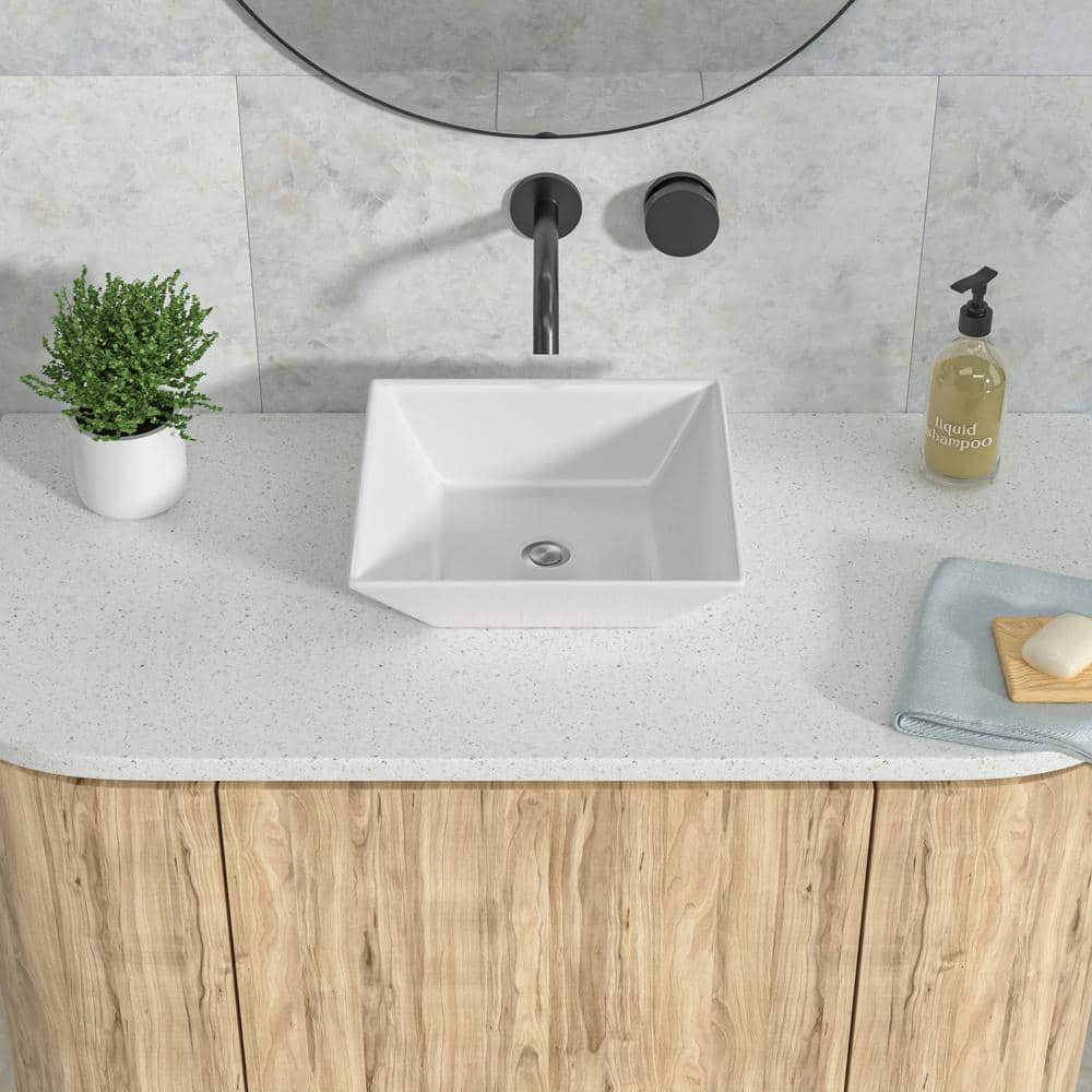 White Ceramic Square Above-Counter Vessel Sink with Reno-Gloss Finish