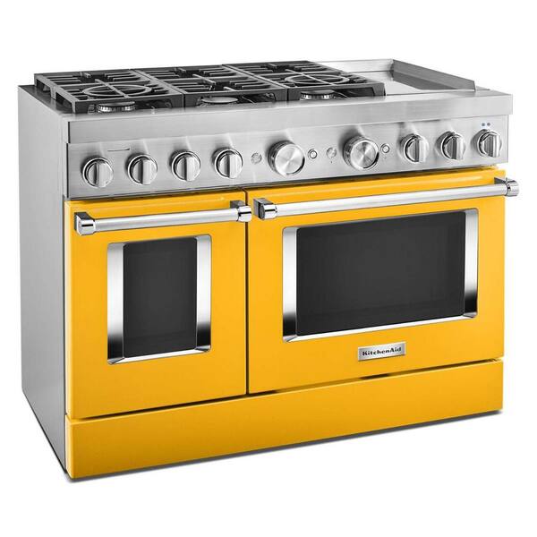 KitchenAid 48 in. 6.3 cu. ft. Smart Double Oven Dual Fuel Range with True Convection in Yellow Pepper with Griddle KFDC558JYP The Home Depot