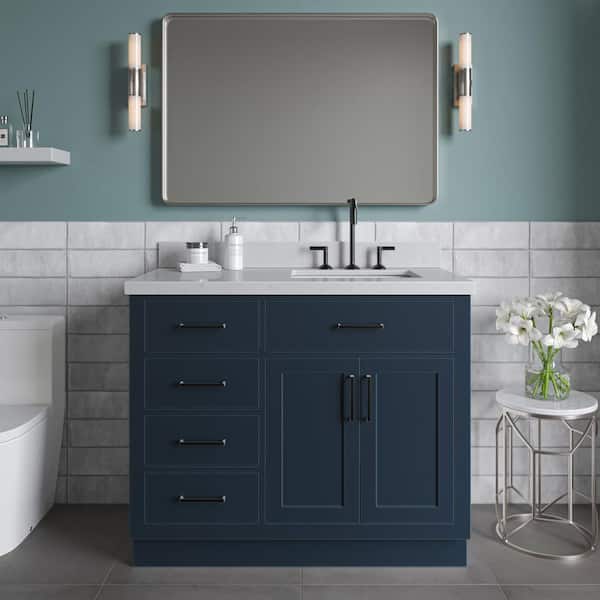 ARIEL Hepburn 42 in. W x 22 in. D x 36 in. H Single Sink Freestanding Bath Vanity in Midnight Blue with Carrara Quartz Top