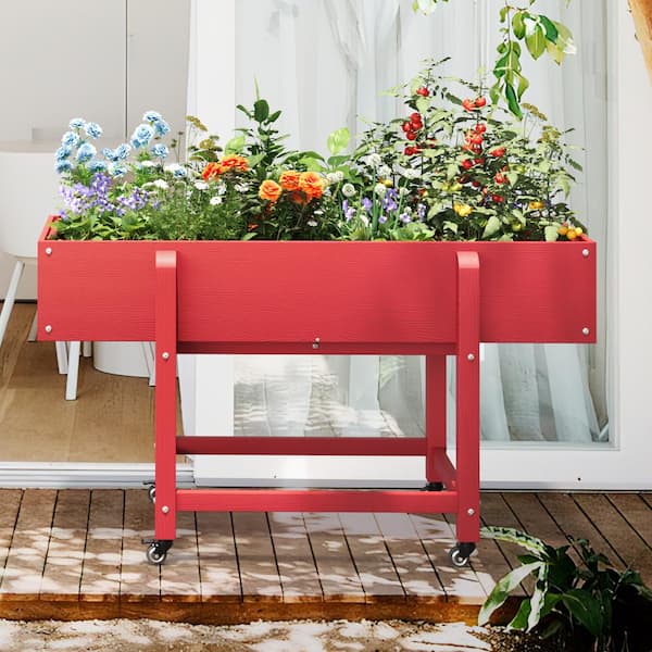 LUE BONA 48 in. x 20 in. x 28 in.Red Plastic Raised Garden Bed Mobile Elevated Planter Box with Lockable Wheels and Liner
