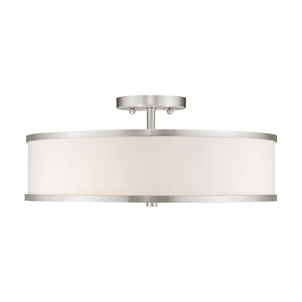Park Ridge Brushed Nickel 3-Light Semi-Flush Mount with Off-White Shade