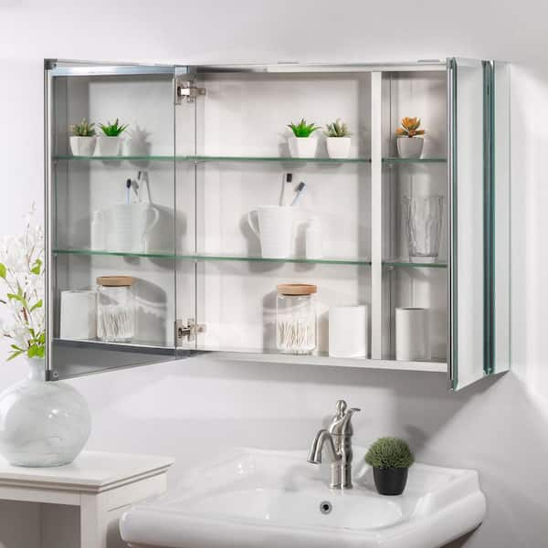 Jacuzzi 30 in. x 26 in. Recessed or Surface Mount Double Door Bi-View Medicine Cabinet, Silver PD44000