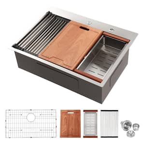 33 in. Drop-In Single Bowl 16 Gauge Brushed Nickel Stainless Steel Kitchen Sink with Workstation