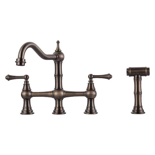 Vintage Double Handle Bridge Kitchen Faucet with Side Sprayer in Antique Bronze