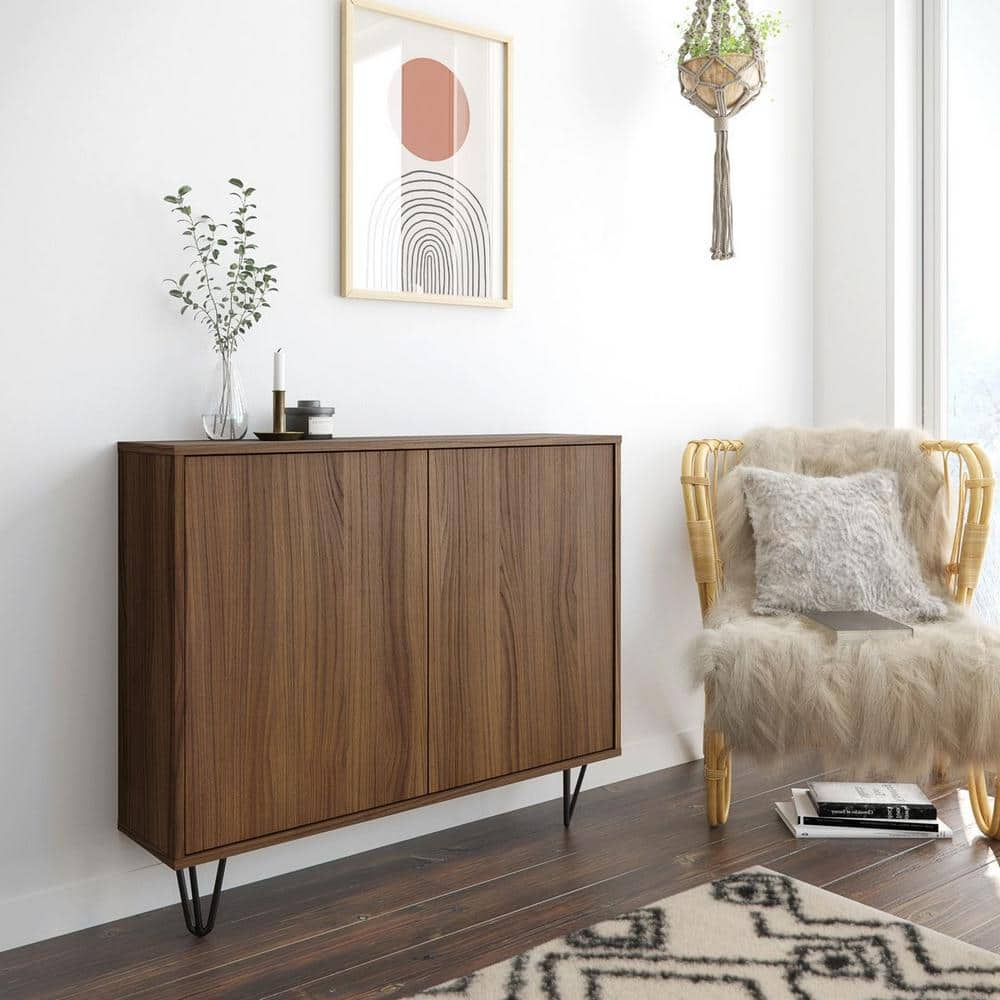 Slim 2 Door Storage Cabinet Walnut - Nexera: Wall-Mounted, Geometric Design, Hairpin Legs