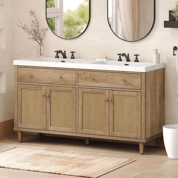 60 in. Freestanding Double Sink Brown Bath Vanity with White SMC Resin Top, 2 Tip-Out Trays and 4 Soft Close Doors