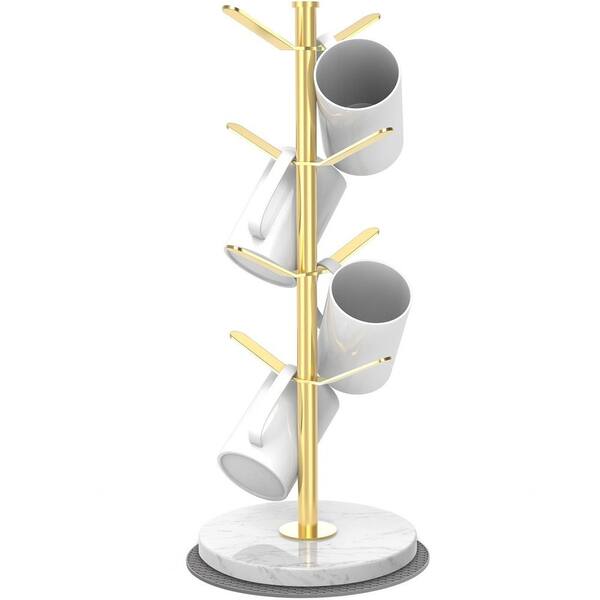 Marble Mug Holder Tree with 8 Hooks, Detachable Stainless Steel Coffee Cup Holder for Kitchen Countertop, Gold