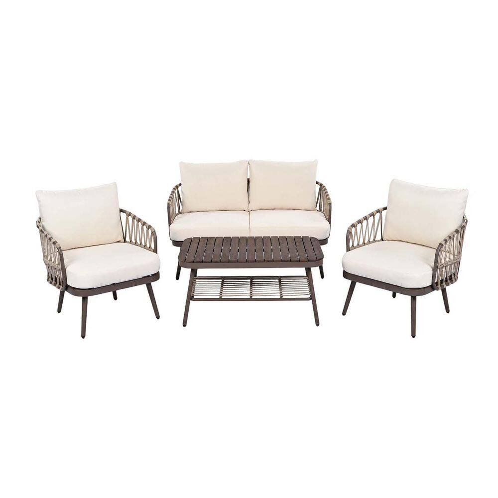 4-Piece Metal Patio Conversation Set with Beige Cushions Outdoor Bistro ...