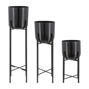 Black Metal Round Outdoor Planters on Stand 3-Pack