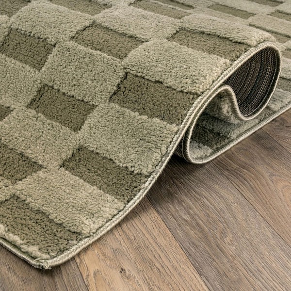 Checkerboard Block Power Loomed Soft Shag High-Low Indoor 2 ft. x 12 ft. Green Area Rug
