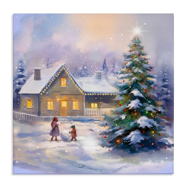 Stupell Industries Children Building Snowman byEnrico McGarrigle 1 Piece Unframed Graphic Print Nature Poster Art Print 17 in. x 17 in.