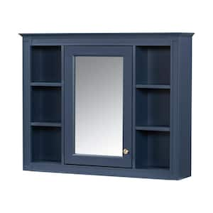 35 in. W x 27.5 in. H Rectangular Wood Medicine Cabinet with Mirror and Open Shelves in Blue, Height Adjustable