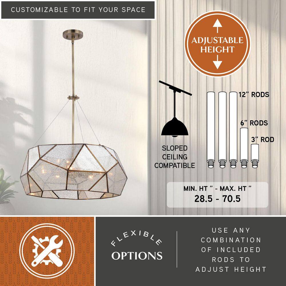 Euclid 24-Inch Aged Brass Drum Pendant Light with Mercury Glass