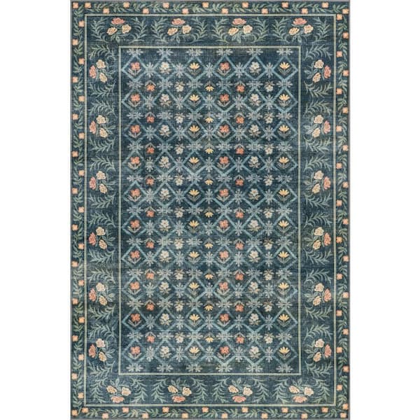 Valley Floral Washable Area Teal 5 ft. x 7 ft. Indoor Area Rug