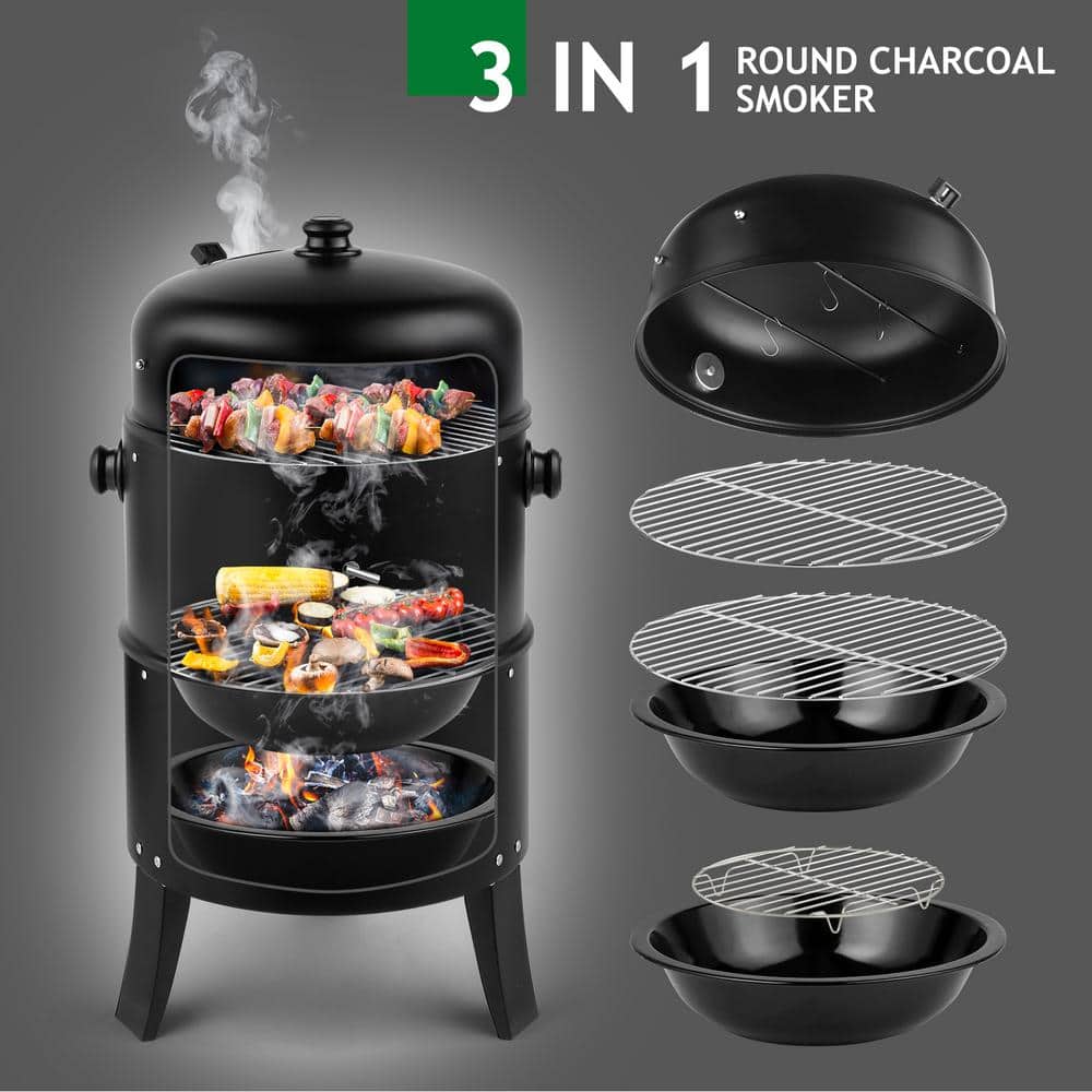 Black Vertical Charcoal Smoker Grill with Thermometer