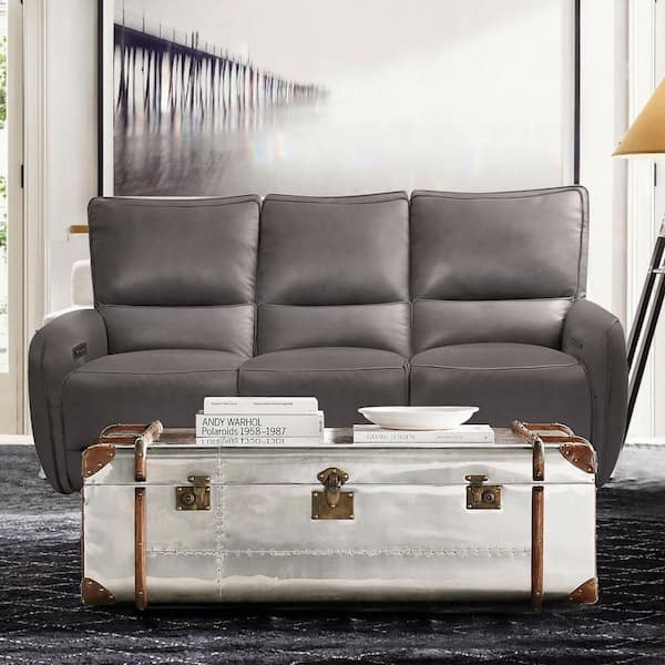Elvera 85 in. Wide Flared Arm Leather Rectangle Power Sofa in. Gray