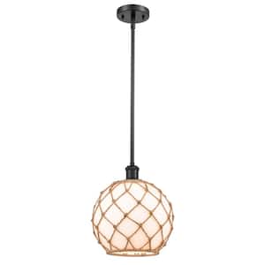 Farmhouse Rope 1-Light Matte Black Globe Pendant Light with White Glass with Brown Rope Glass and Rope Shade