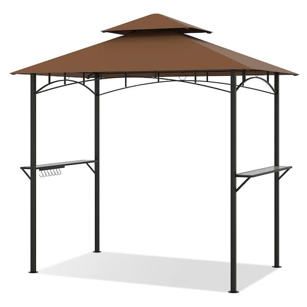 8 ft. x 5 ft. Brown Double-Tiered Steel Grill Gazebo with 2 Shelves and 7 Hooks