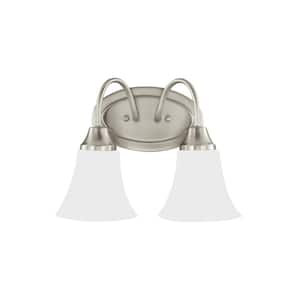 Holman 11.75 in. 2-Light Brushed Nickel Traditional Classic Bathroom Vanity Light with Satin Etched Glass and LED Bulbs