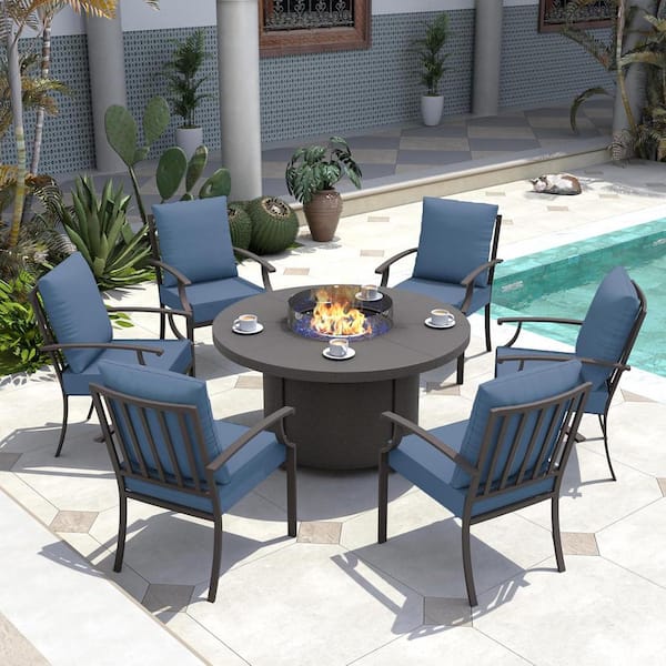 7-piece Metal Patio Conversation Set with 48" Round Fire Pit Table,Glass Wind Guard and 6 Fixed Chairs,Cushion Navy Blue