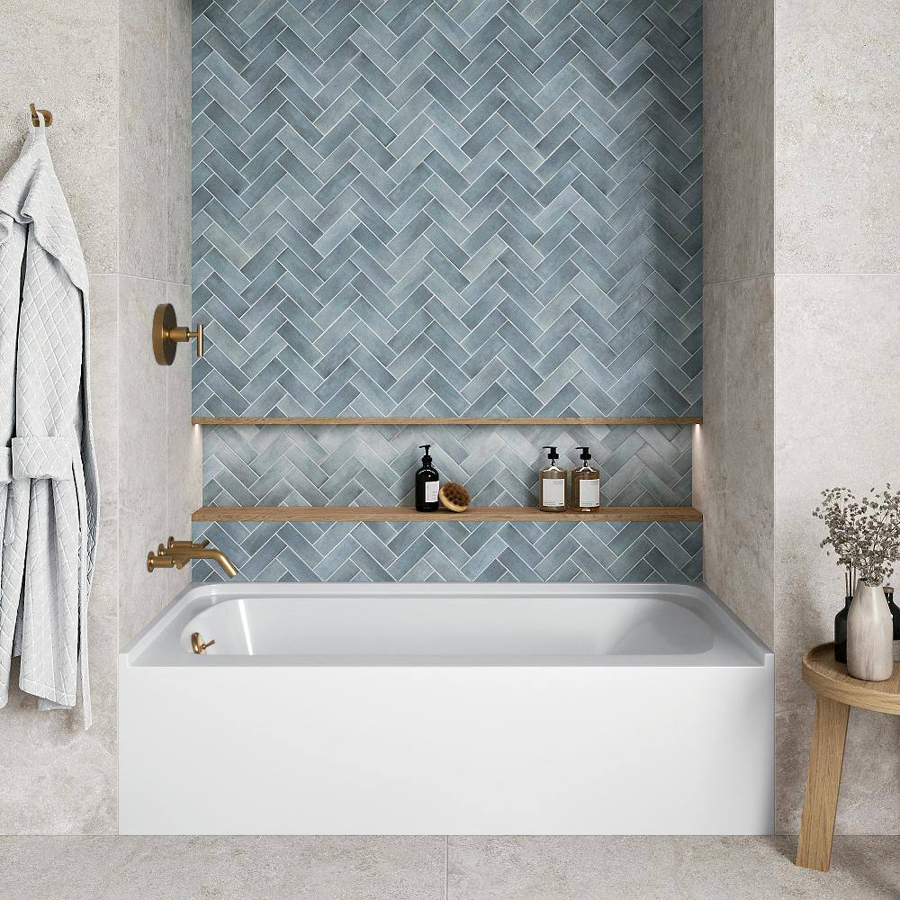 Glossy White Acrylic Alcove Bathtub with Brushed Gold Trim