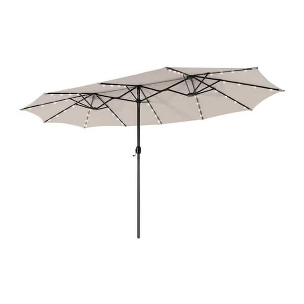 15 ft. Steel Market Patio Umbrella in Beige with LED Light Double Sided Twin Solar Outdoor Umbrella with Crank