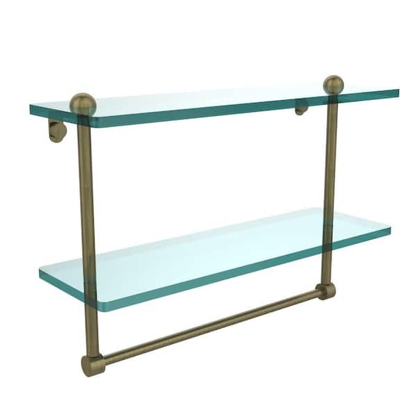 Allied Brass 16 in. L x 12 in. H x 5 in. W 2-Tier Clear Glass Bathroom Shelf with Towel Bar in Antique Brass