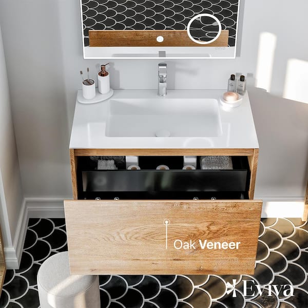 Eviva Madeira 24 in. W x 18 in. D x 18 in. H Floating Bathroom Vanity in Oak with White Acrylic Top with White Integrated Sink