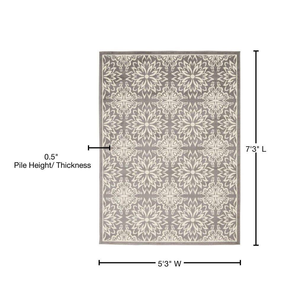 Ivory and Grey Floral Synthetic 5' x 7' Area Rug