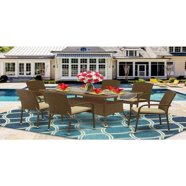 7-Piece Natural Oak Finish Solid Wood Top Dining Table with 6 Chairs with Lattice Back