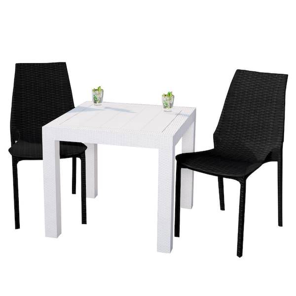 Leisuremod Kent White and Black 3-Piece Plastic Square Outdoor Dining Set