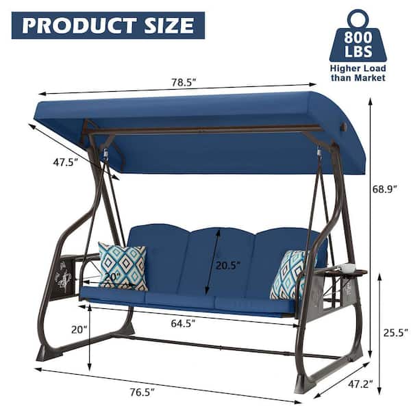 3-Person Metal Patio Swing Porch Swing with Stand, Blue Cushions