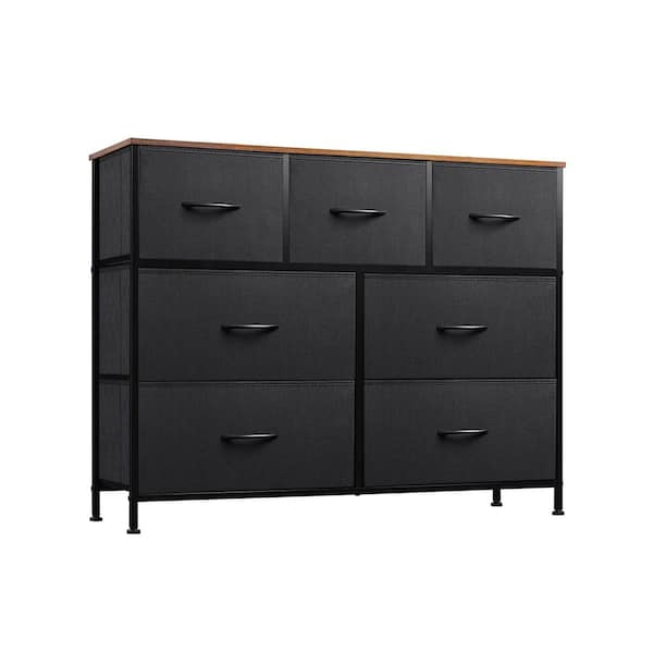 7 Drawer Dresser TV Stand Entertainment Center Media Console Table with Metal Frame Wood Top in Black Rustic Brown