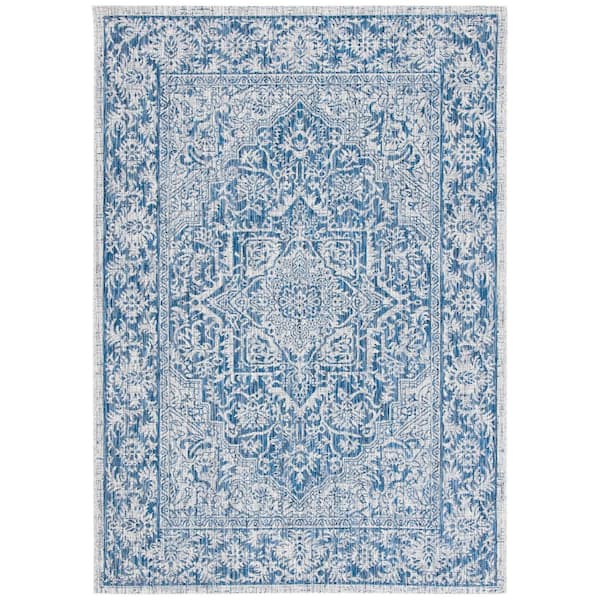 SAFAVIEH Courtyard Light Gray/Navy 9 ft. x 12 ft. Border Medallion Floral Indoor/Outdoor Patio  Area Rug