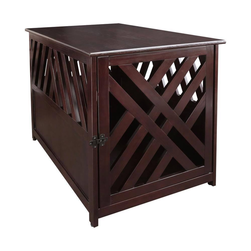 Espresso Pine Wood Lattice Pet Crate End Table